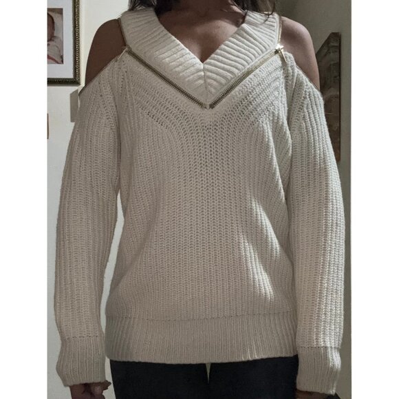 MICHAEL KORS Sweater Women's Size S white Zip Accent Cold Shoulder Knit Top - Picture 2 of 5